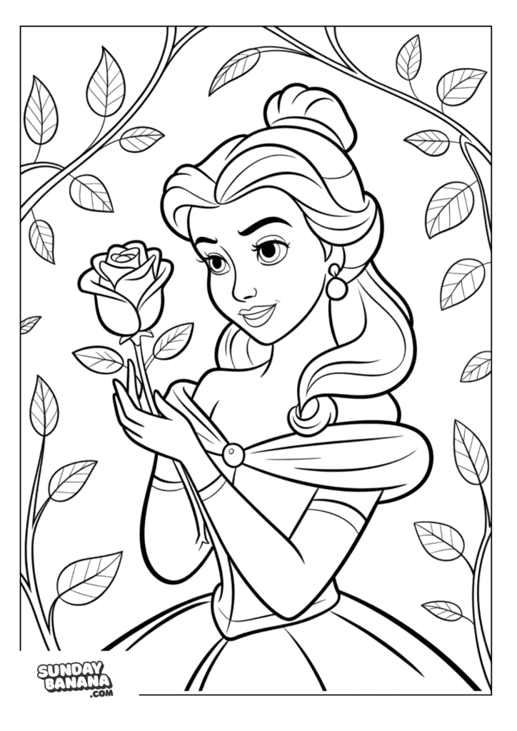Belle from Beauty and the Beast holding and looking closely at the magic rose with vine framed around her Disney Coloring Page