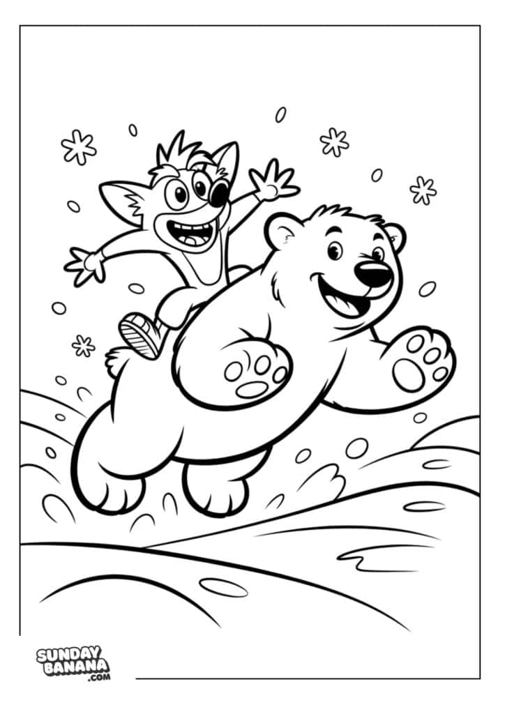 Crash Bandicoot riding baby polar bear through snowy environment Crash Bandicoot coloring page for kids