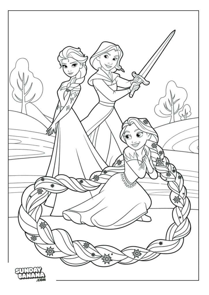 Queen Elsa posing pretty with Mulan at her side with short hair holding up her sword and Princess Rapunzel surrounded by her long magically hair with landscape background Disney coloring page
