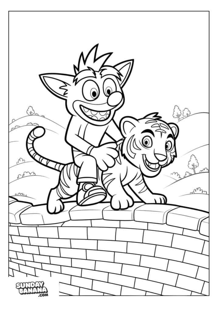 Crash riding on a baby tiger on the great wall of china with greenery background Crash Bandicoot coloring page for kids