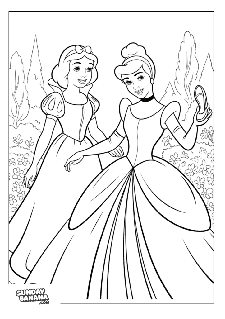 Snow White with Cinderella holding glass slipper with garden background Disney Coloring Page