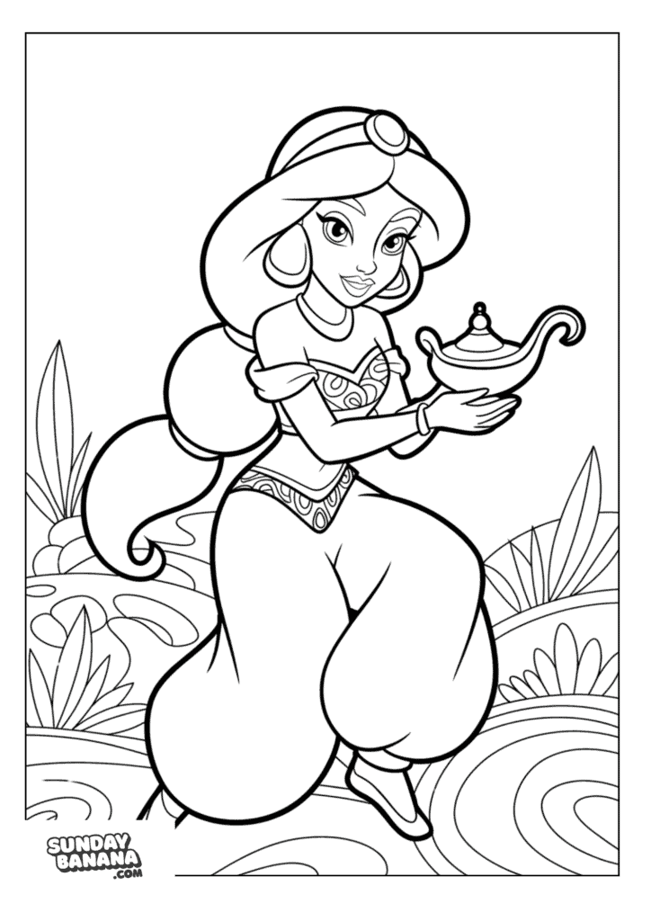 Princess Jasmine from Aladdin in beautiful Arabian clothing holding magic lamp Disney Coloring Page