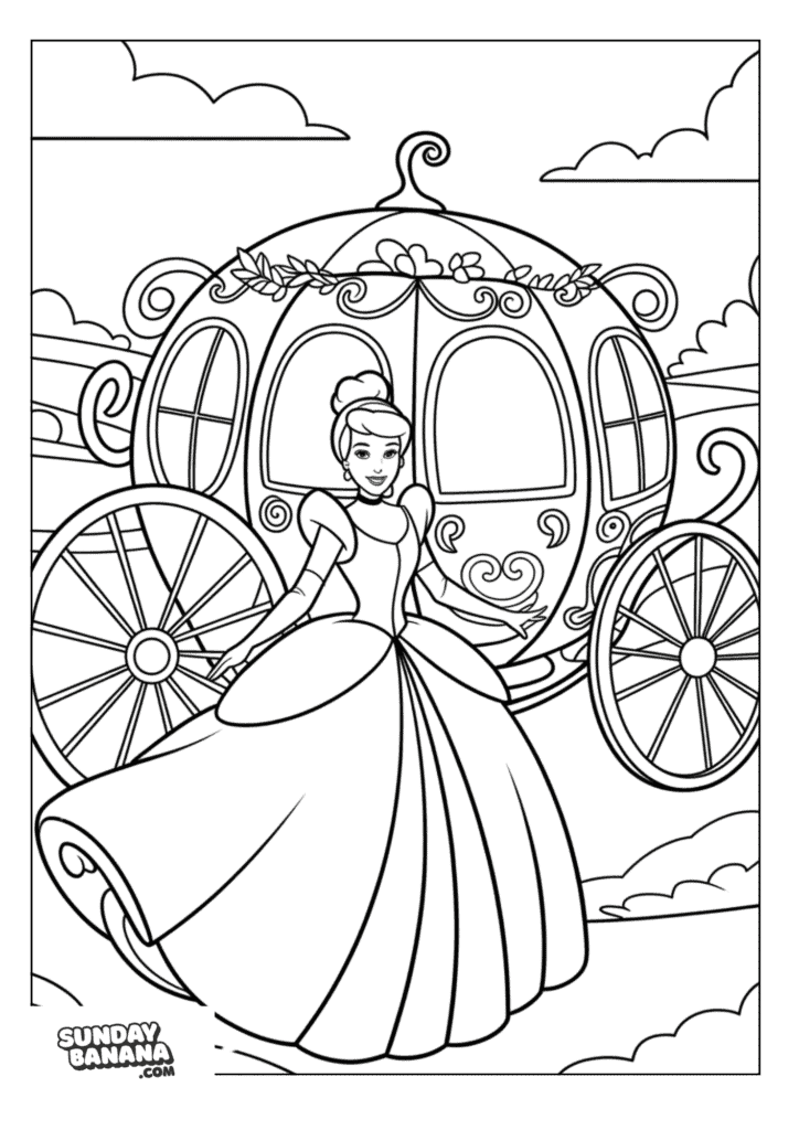 Cinderella in beautiful ball gown with magic pumpkin carriage behind her Disney Coloring Page