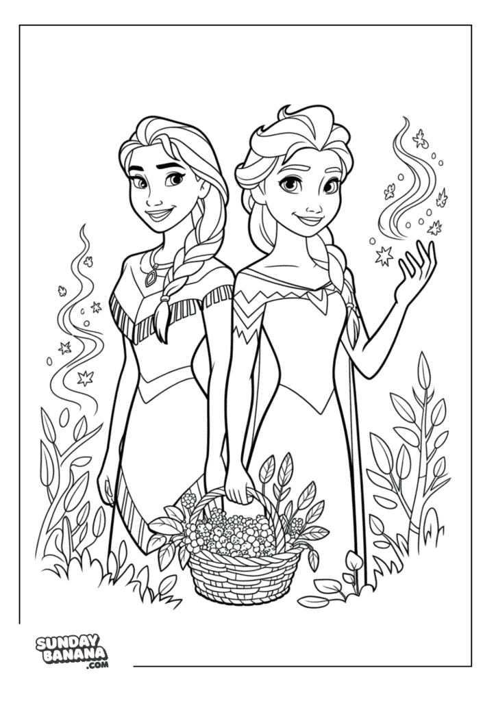 Pocahontas posing back to back with Queen Elsa who is holding a basket of berries with magic swirls and plants around them Disney Coloring Page