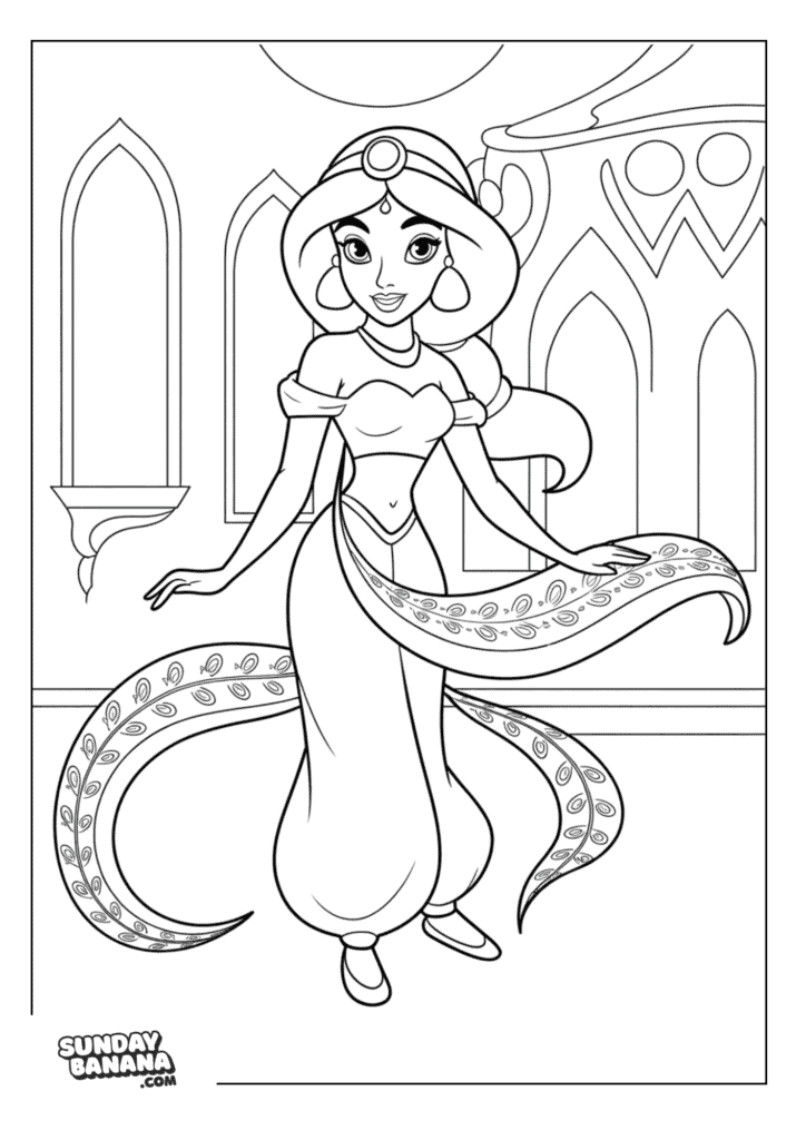 Princess Jasmine Twirling in Arabian clothes in the Palace Disney Coloring Page