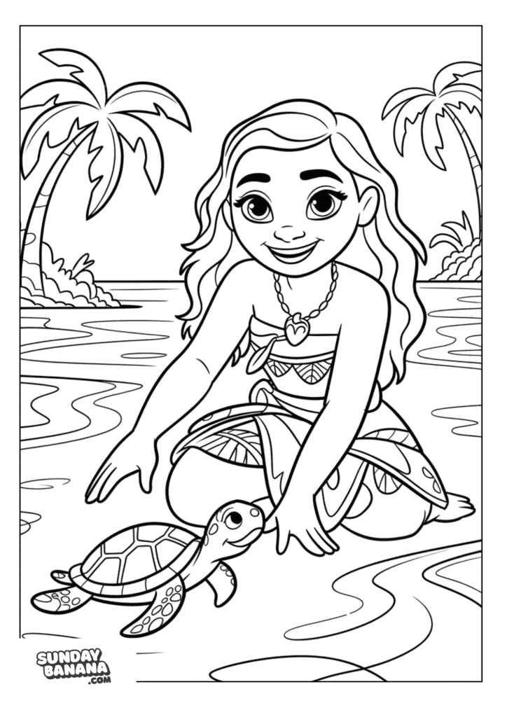 Moana interacting with cute turtle at the beach with coconut trees at the background Disney coloring page