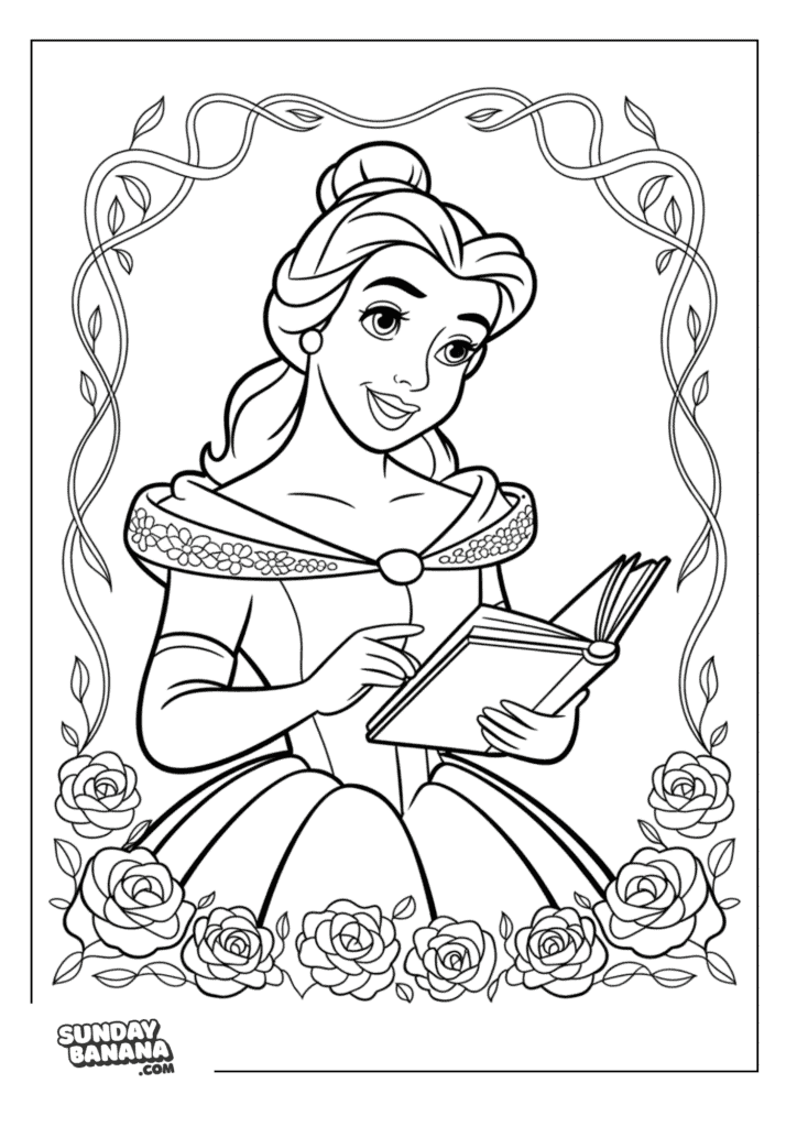 Belle from Beauty and the Beast with open book in hand in evening gown framed by roses and vines Disney coloring page
