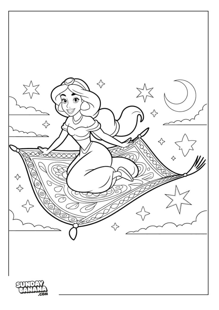 Princess Jasmine on a flying carpet in the sky surrounded by stars, clouds and moon Disney coloring page