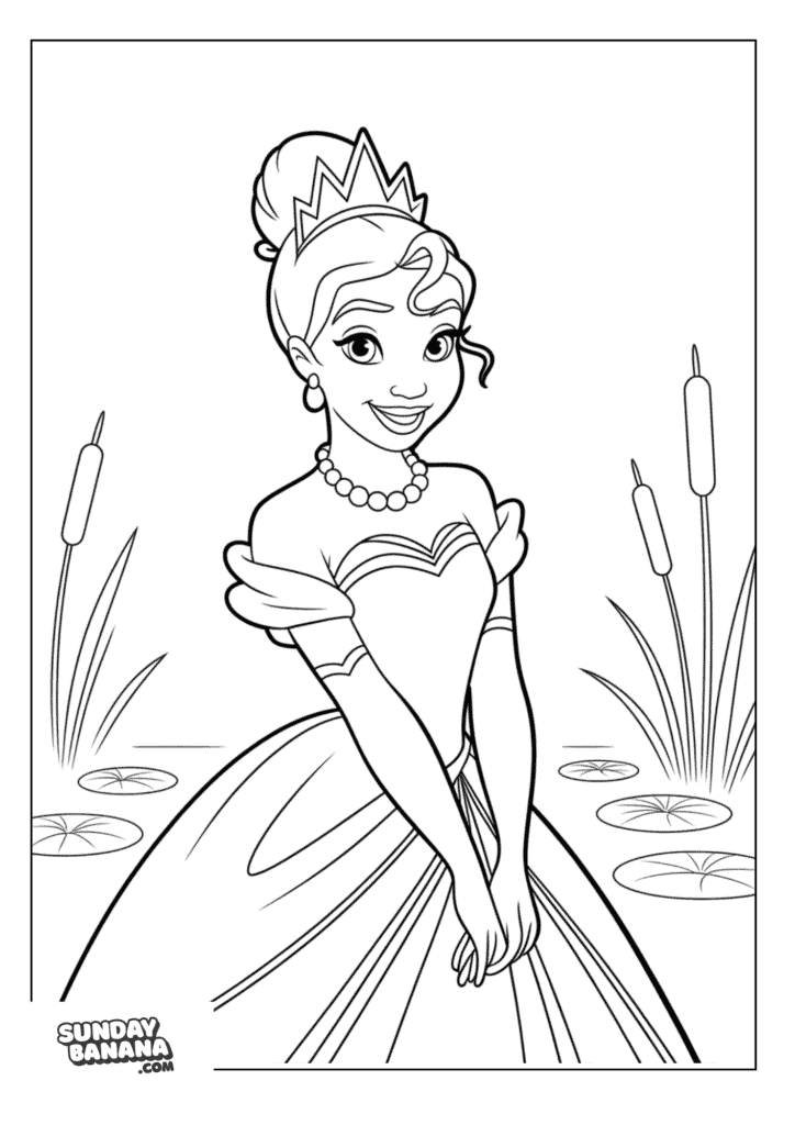 Tiana in beautiful evening gown and tiara with at the background Disney coloring page