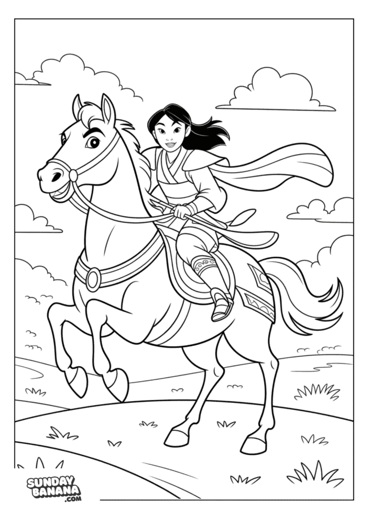Mulan riding on horseback with full armor and cape with clouds and landscape background Disney Coloring Page
