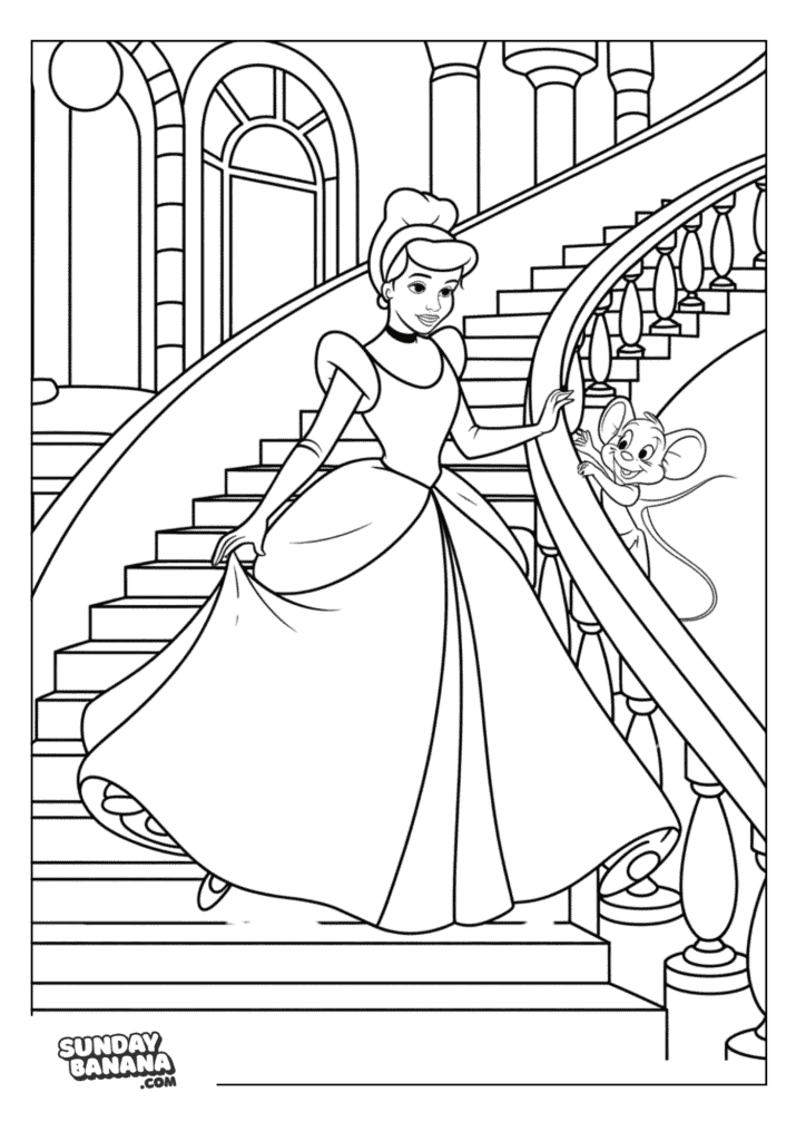 Cinderella coming down the stairs with lovely evening gown and a mouse looking at her Disney coloring page