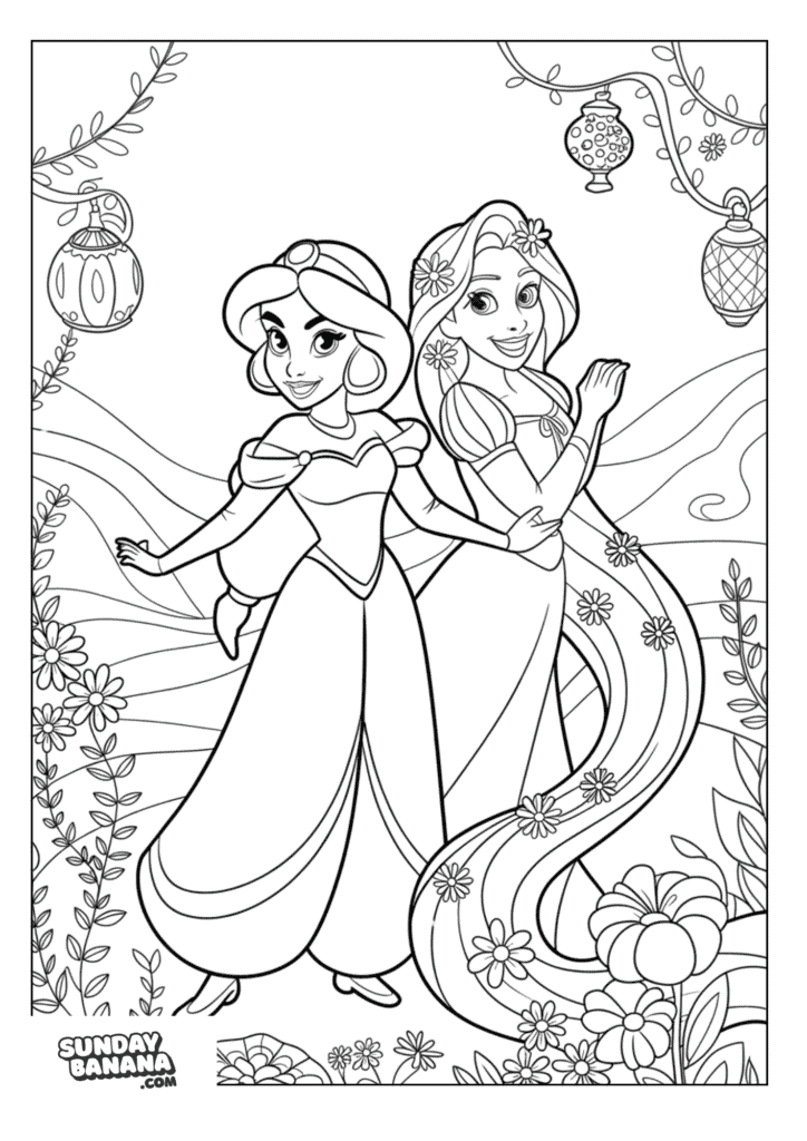 Beautiful Princess Jasmine with open arms and Rapunzel posing next to each other Disney Coloring Page