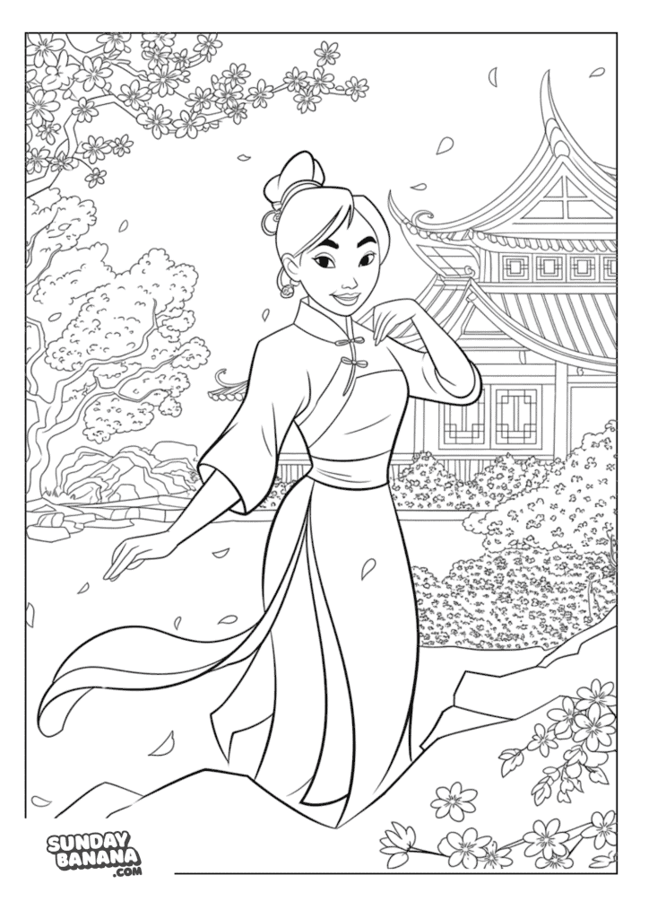 Mulan wearing traditional cheong sam with traditional Chinese house and garden at the background Disney coloring page