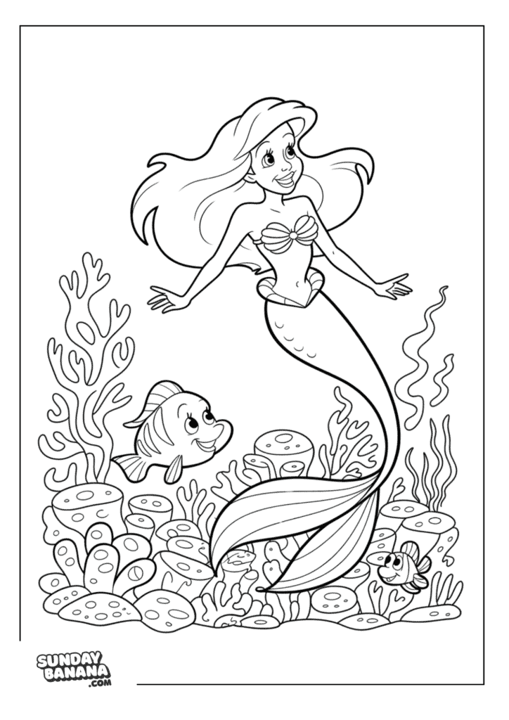 Little Mermaid Ariel and Flounder surrounded by Corals and Seaweed Disney Coloring Page