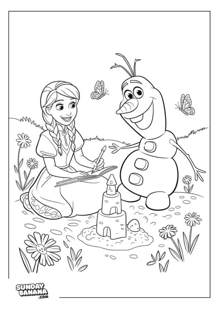 Princess Anna and Olaf Building Sandcastle in Summer with butterflies and flowers around Disney Frozen coloring page