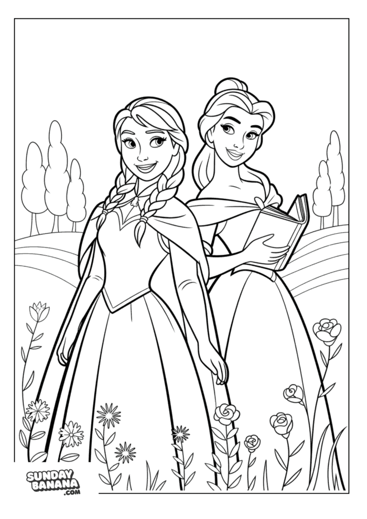 Princess Anna and Belle Leaning Pose with Flowers and Trees Disney Coloring Page