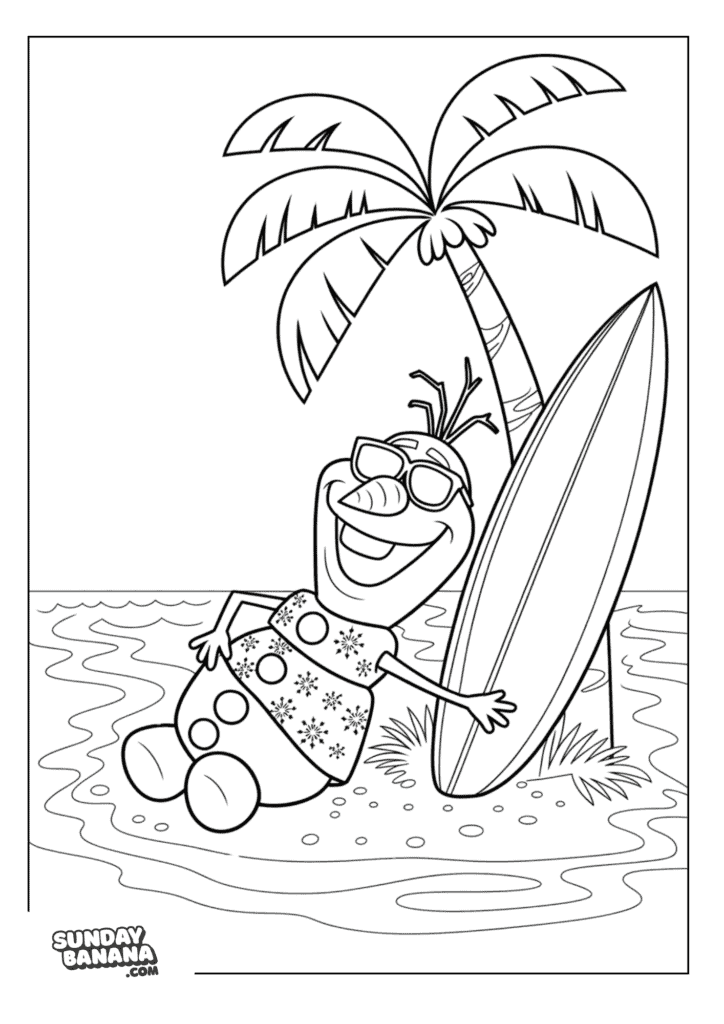 Olaf at island surrounded by water wearing sunglasses and snowflake shirt leaning on surfboard and coconut tree Disney Frozen coloring page