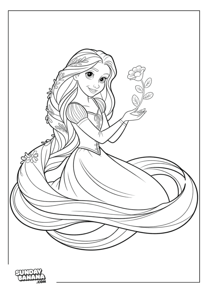 Rapunzel holding a flower with a long flowing hair surrounding her Disney coloring page