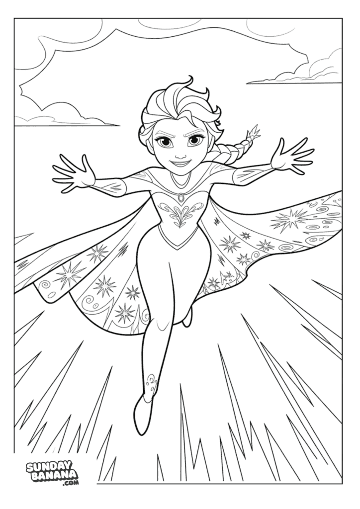 Queen Elsa Flying in snowflake leotard with cape Disney Frozen coloring page