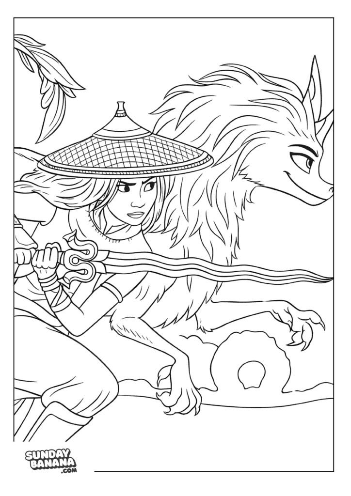 Raya from Raya and the last dragon next to Sisu charging Disney coloring page