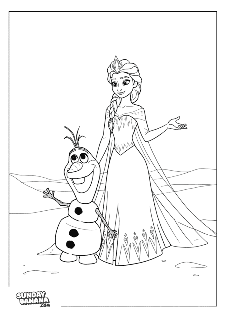 Olaf and Queen Elsa in the desert Disney Frozen Coloring Page