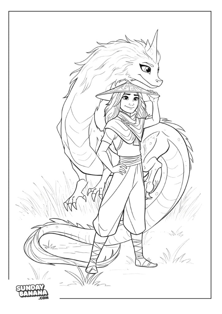 Raya from Raya and the Last Dragon posing with Sisu behind her Disney Coloring Page