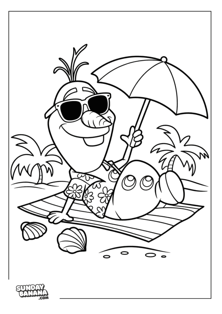 Olaf holding umbrella by the beach with sunglasses and flower shirt Disney Frozen coloring page for kids