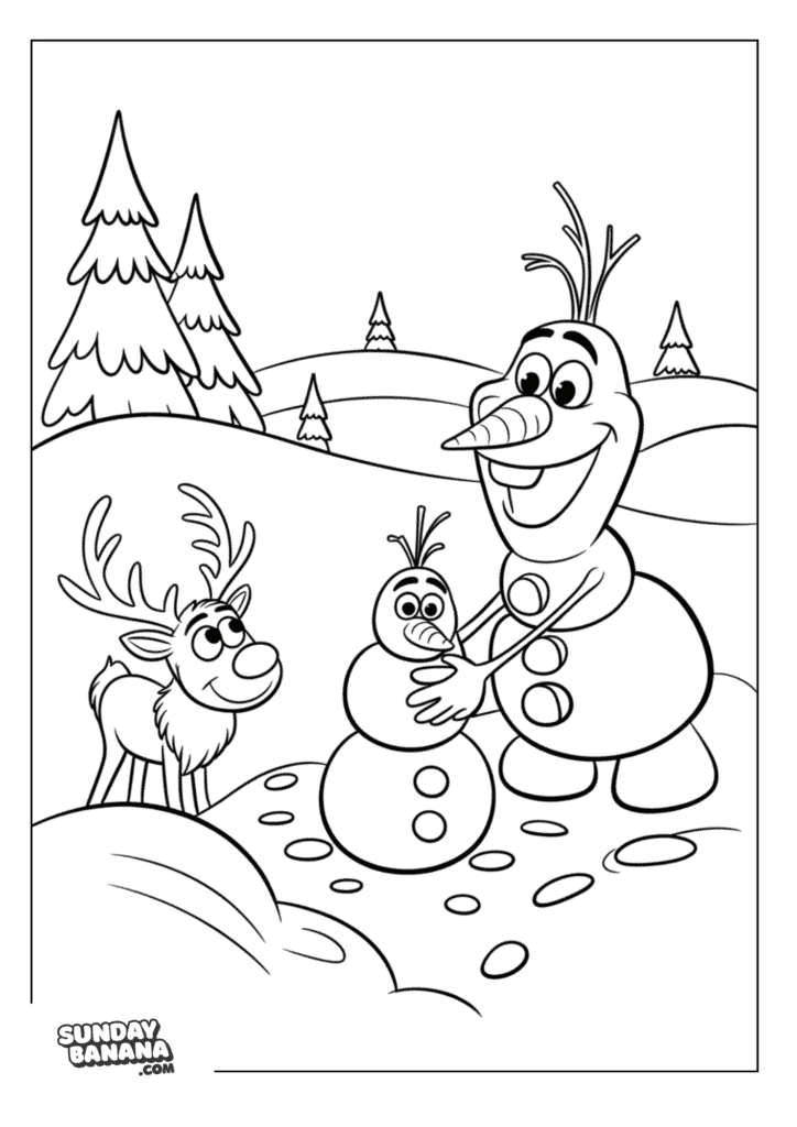 Olaf building snowman with baby sven watching Disney Frozen coloring page
