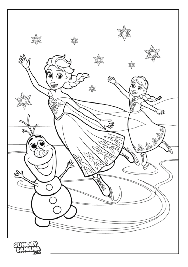 Queen Elsa, Princess Anna and Olaf ice skating with snowflakes falling Disney Frozen coloring page