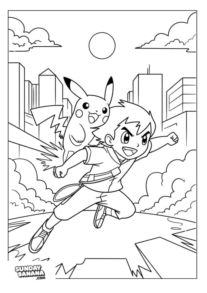 Ash-and-Pikachu-Charging-in-City-Coloring-Page