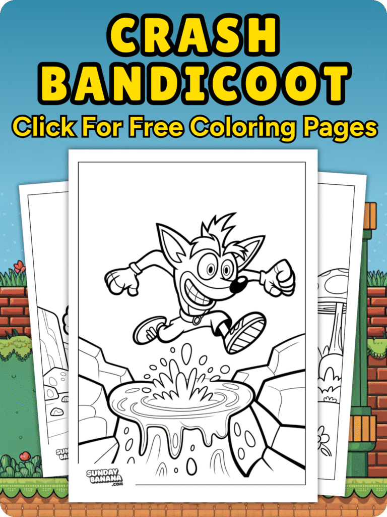 Crash Bandicoot for Video Games Coloring Page Click for free Coloring Pages Cover Image