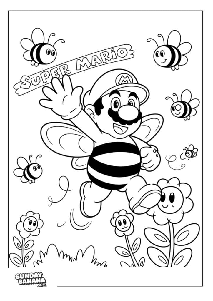 Mario-Bee-Suit-Flowers-Coloring-Page