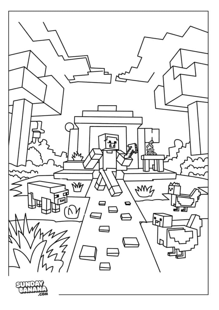 Minecraft-Steve-Chicken-Pig-Coloring-Page