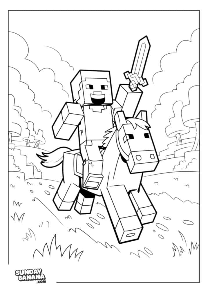 Minecraft-Steve-Horse-Sword-Coloring-Page