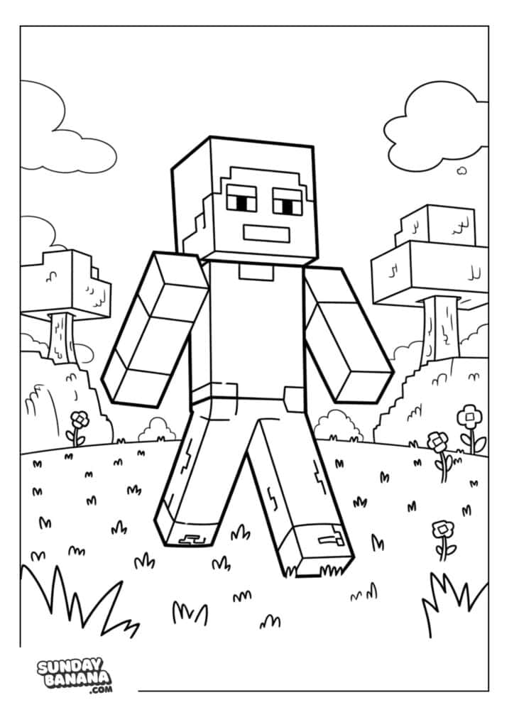Minecraft-Steve-Meadow-Coloring-Page
