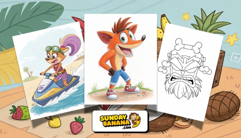 Crash Bandicoot Coloring Pages Featured Image features Crash Bandicoot, Coco Bandicoot and Uka Uka