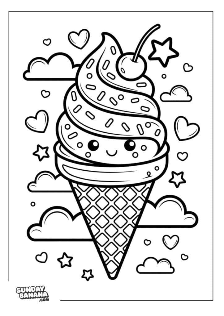 Kawaii ice cream cone with sprinkles and cherry with clouds, hearts and stars background Summer coloring page