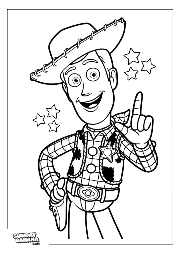 Woody giving advice with cowboy outfit and stars Toy Story coloring page