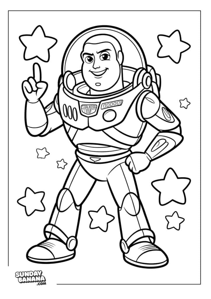 Buzz Lightyear in spacesuit with finger pointing upwards surrounded by stars Toy Story coloring page