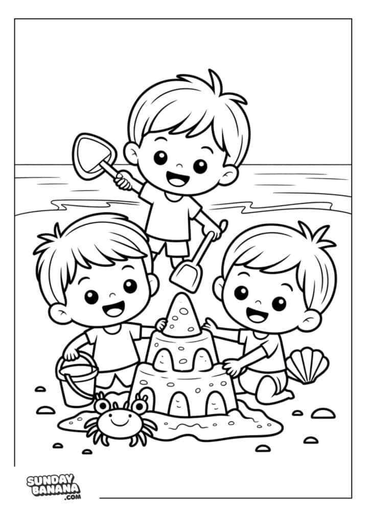 Three boys playing at the beach with buckets and shovels building sandcastle summer coloring page