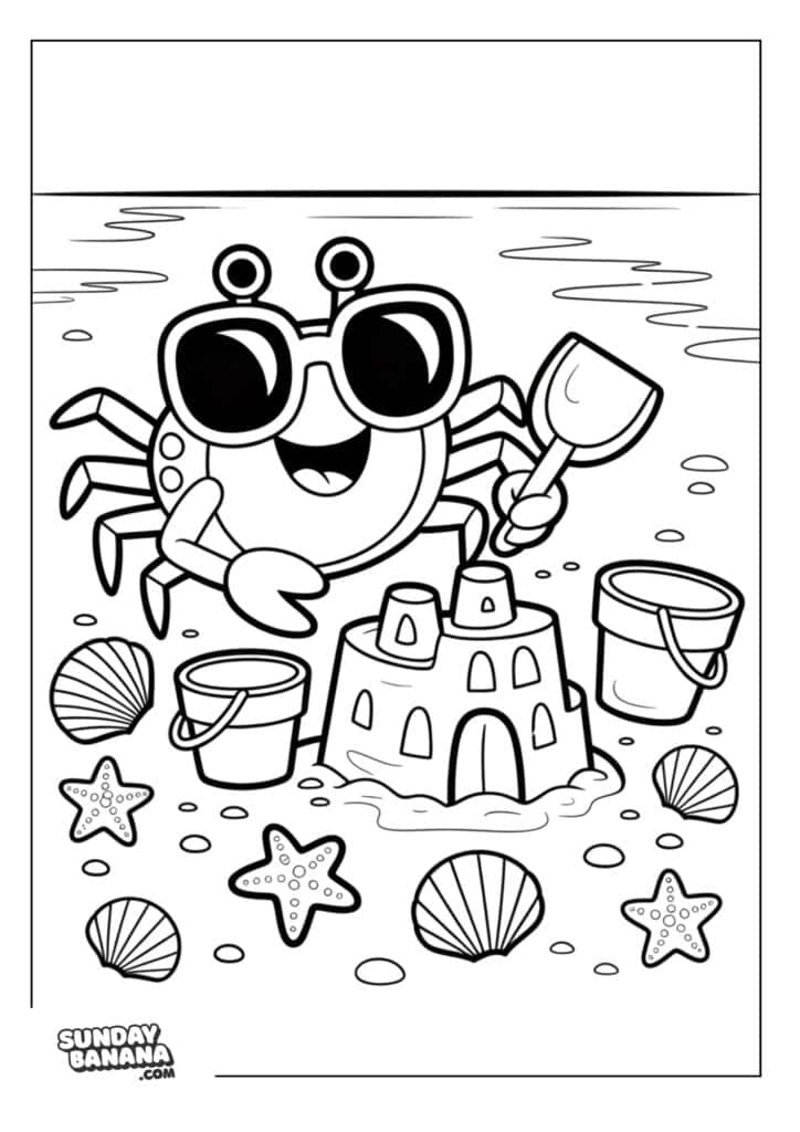Cute crab wearing sunglasses building sandcastle at the beach with seashells, starfish, buckets and shovel Summer coloring page