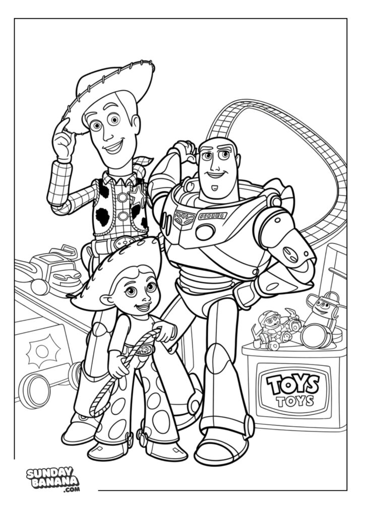 Woody, Buzz Lightyear and Jessie posing in front of toys Toy Story coloring page