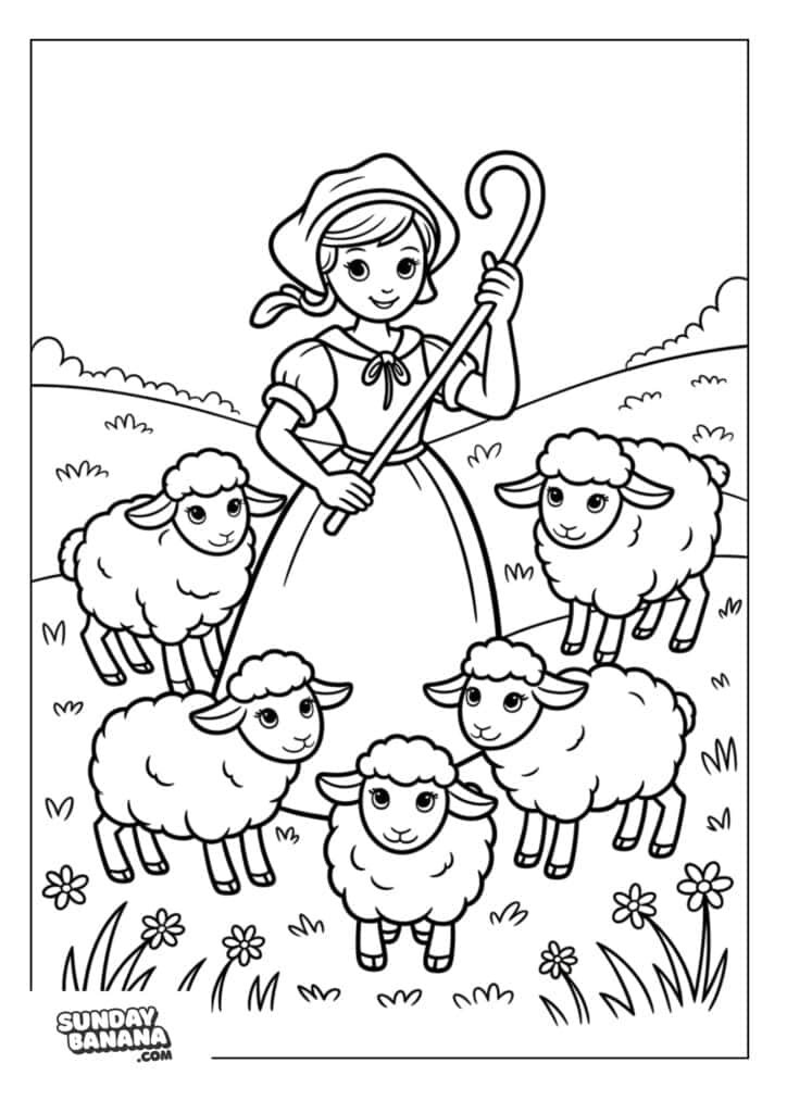 Bo Peep with sheep on a meadow Toy Story coloring page