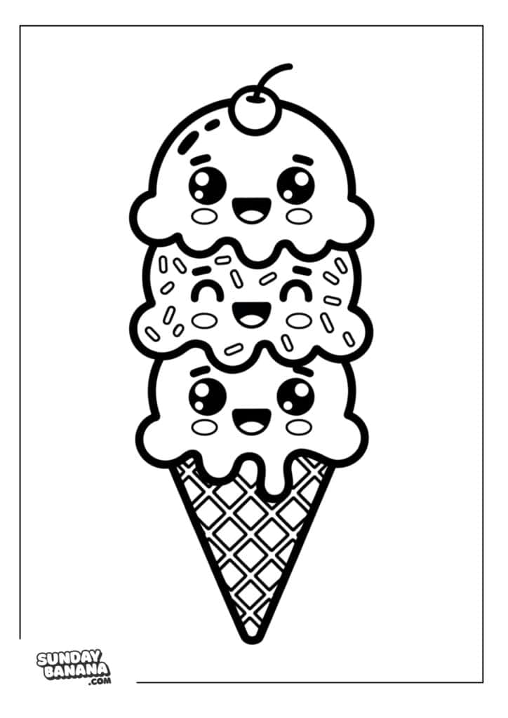 Kawaii happy three scoops ice cream cone with sprinkles and cherry Summer coloring page