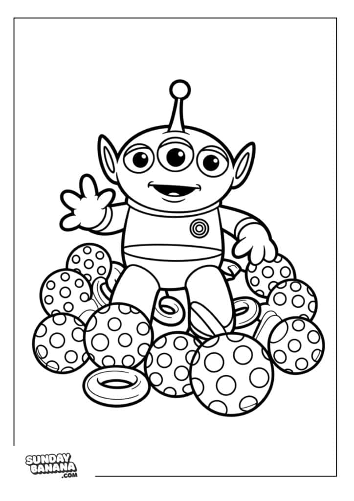 Aliens waving and sitting on polka dot balls Toy Story coloring page
