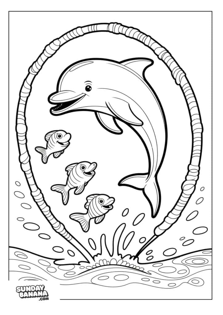 Dolphin and fishes jumping through seaweed hoop Summer coloring page