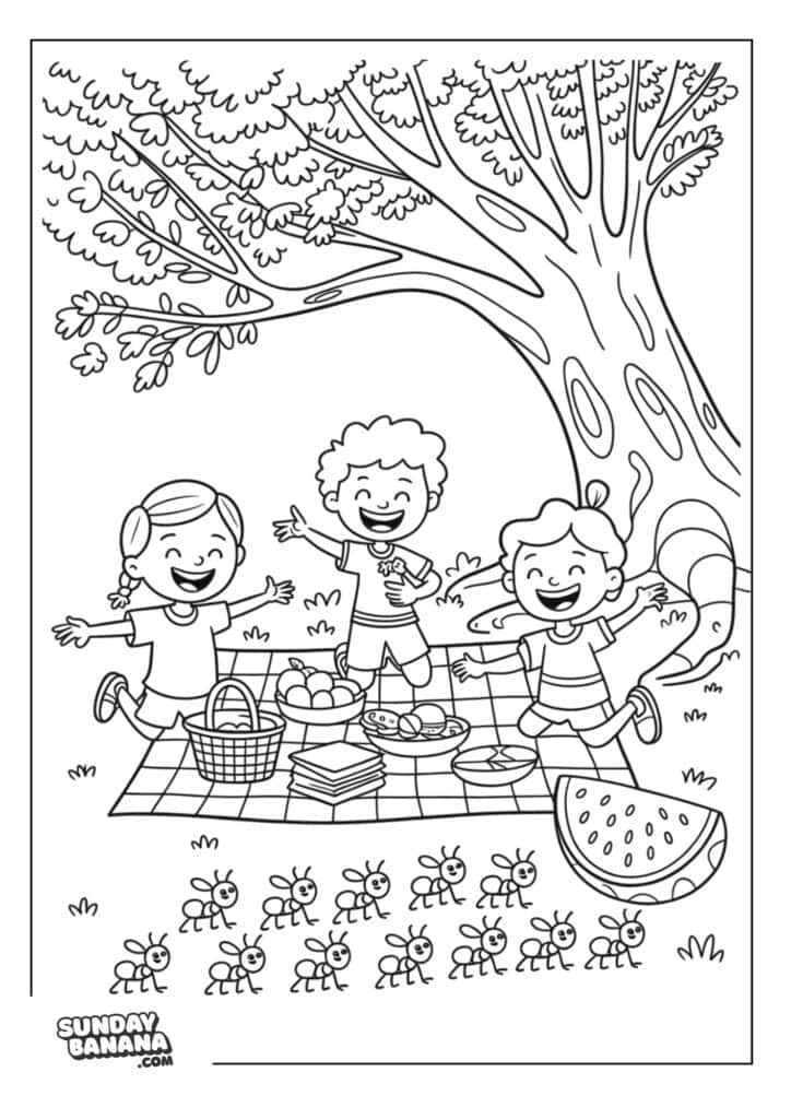 Happy children having a picnic with lots food and ants walking towards a watermelon slice and tree background Summer coloring page