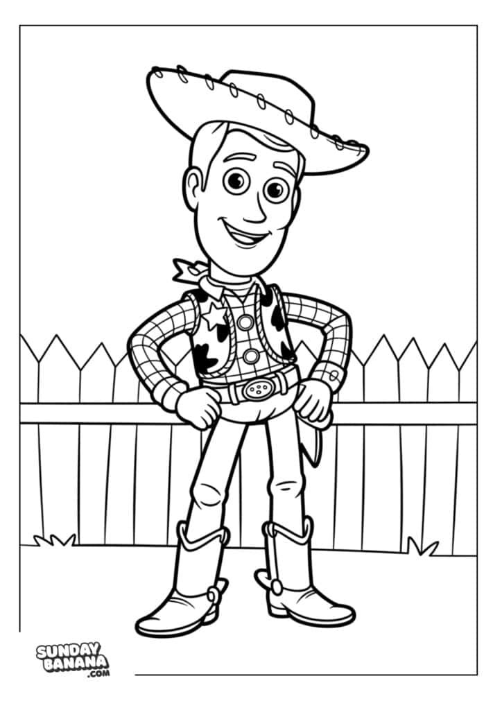 Woody in full cowboy hat and outfit standing in front of fence Toy Story coloring page for kids
