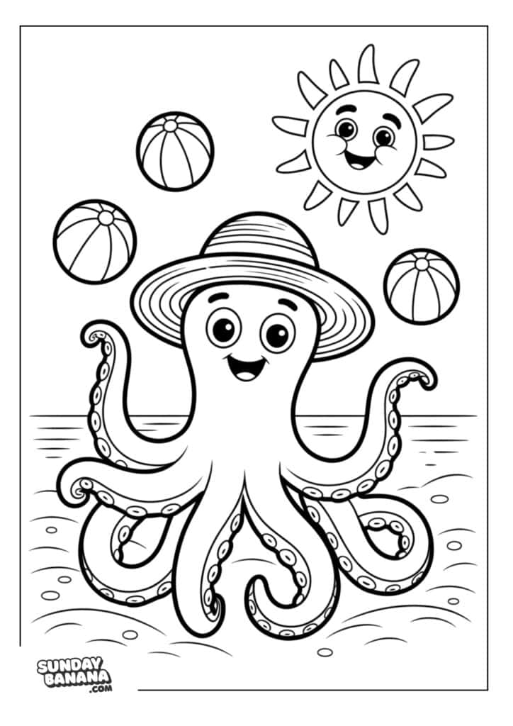 Cute octopus wearing hat juggling 3 balls by the beach with happy sun shining above Summer coloring page