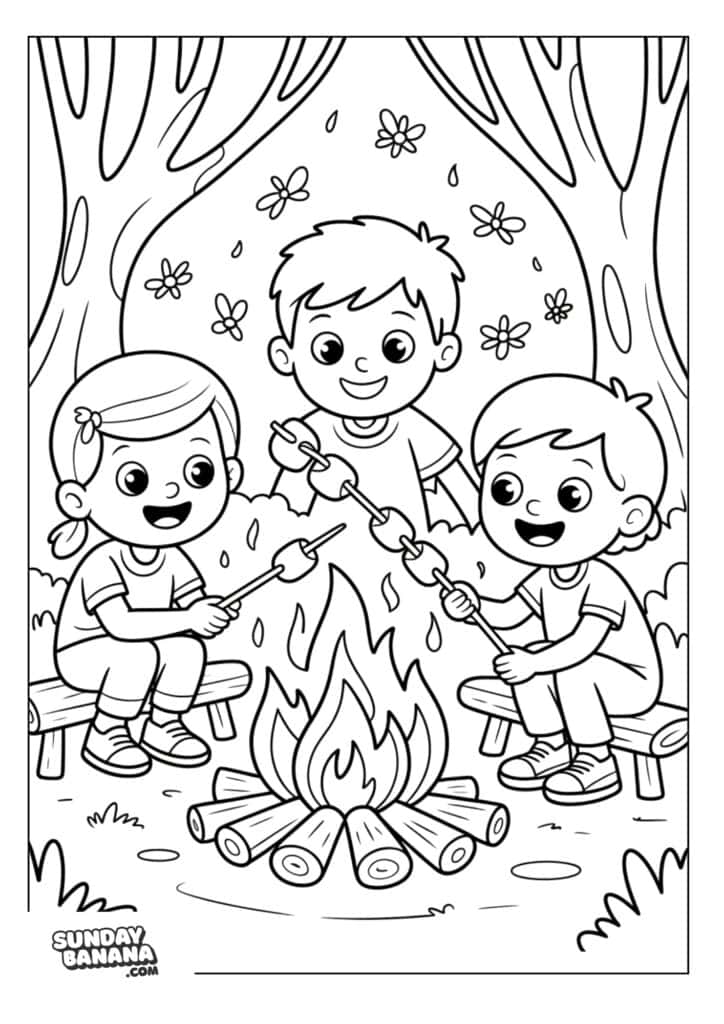 Kids roasting marshmallows on a stick at campfire in the forest Summer coloring page